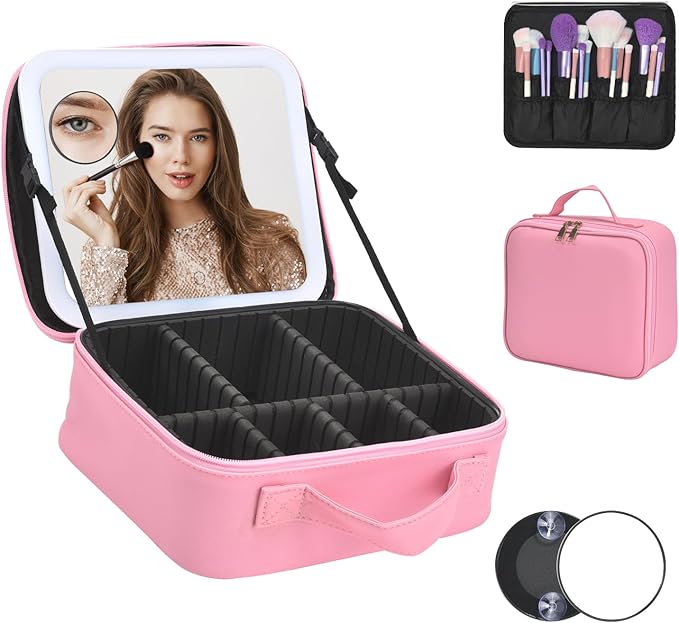 Yaliang Travel Makeup Bag with Mirror & 6 Adjustable EVA Dividers, Hot Pink