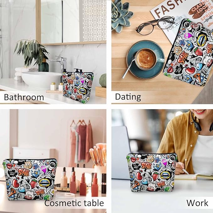 Kalygon Women Cosmetic Bag Graffiti, Rainbow Graffiti Social Media Signs Cute Makeup Bag For Purse Cosmetic Travel Bag For Toiletries Makeup Storage Bag Flax Skincare Bag Make Up Pouch Bags