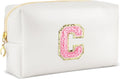 URSKYTOUS Initial Makeup Bag Personalized Preppy Travel Small Cosmetic Bag Cute PU White Chenille Letter Makeup Pouch for Purse Waterproof Zippered Toiletry Organizer for Women Girl Kid Friends(C)