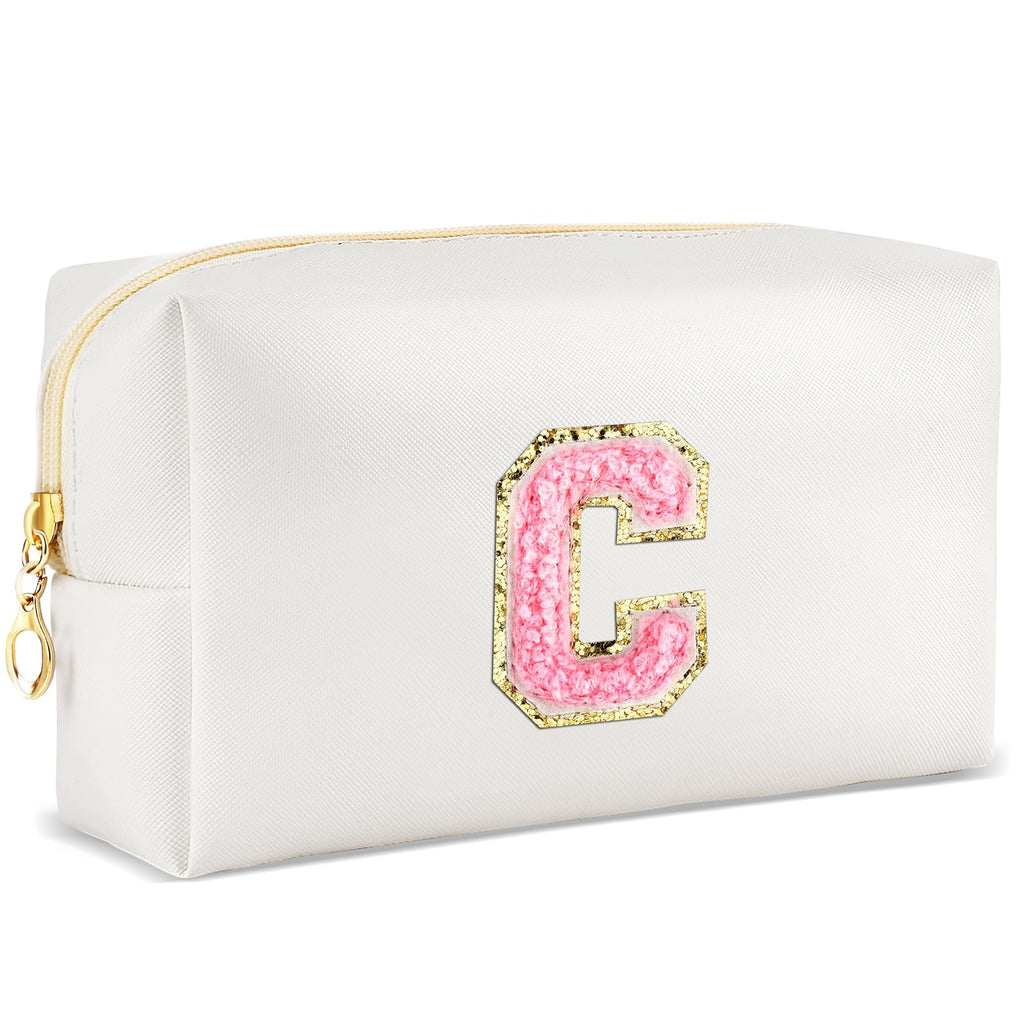 URSKYTOUS Initial Makeup Bag Personalized Preppy Travel Small Cosmetic Bag Cute PU White Chenille Letter Makeup Pouch for Purse Waterproof Zippered Toiletry Organizer for Women Girl Kid Friends(C)