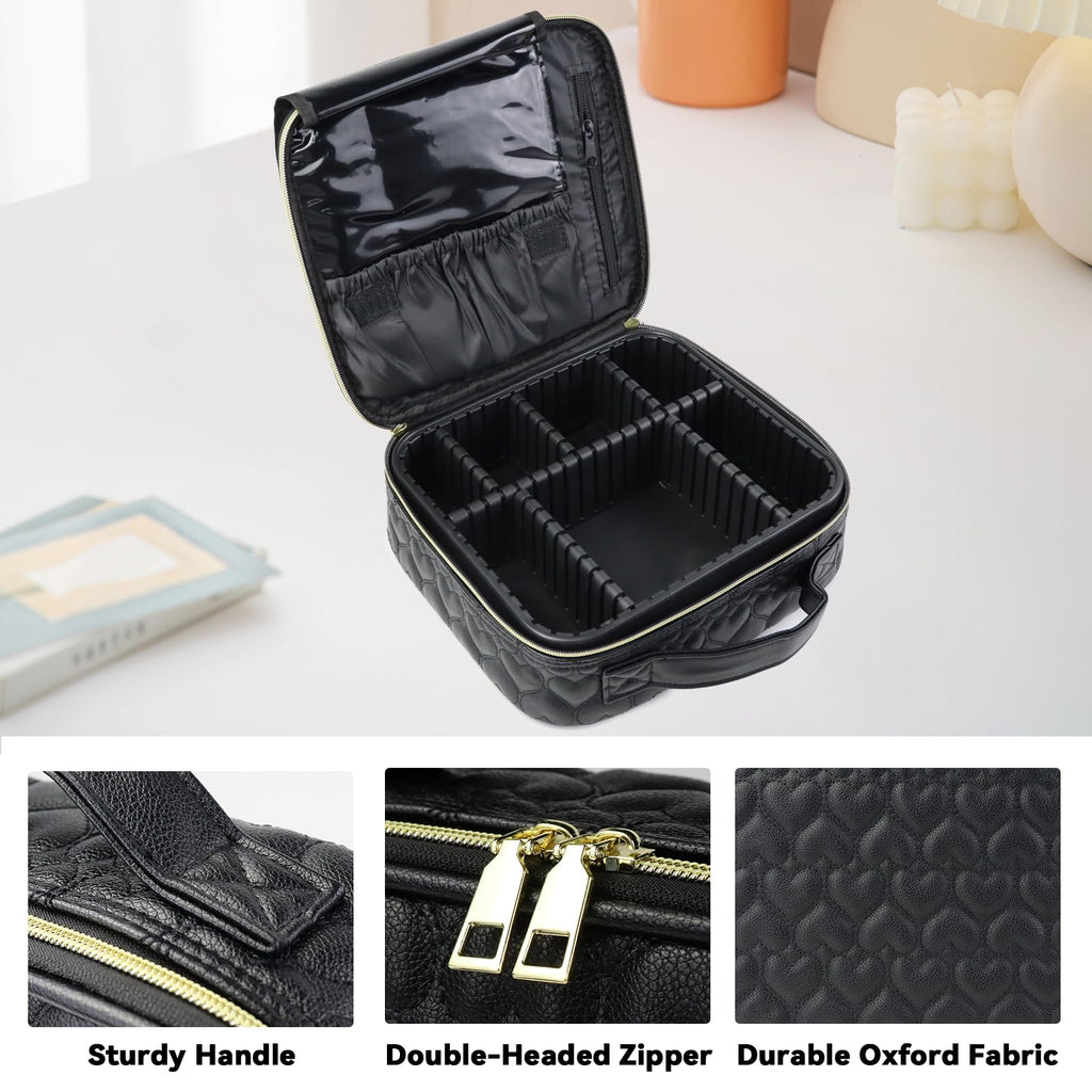 SLUMAZI Travel Makeup Bag Makeup Cosmetic Train Case Organizer Portable Storage Bag with Adjustable Dividers for Cosmetics Makeup Brushes Toiletry Jewelry Heart Pattern