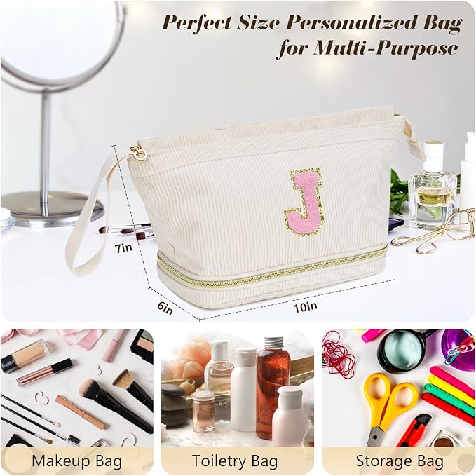 Makeup Bag for Girls Gift, Personalized Valentines Day Gifts Initial Women Makeup Bag for Travel, Double Layer Cosmetic Bag with Brush Organizer Preppy Make up Bag for Teen Girl Trendy - L