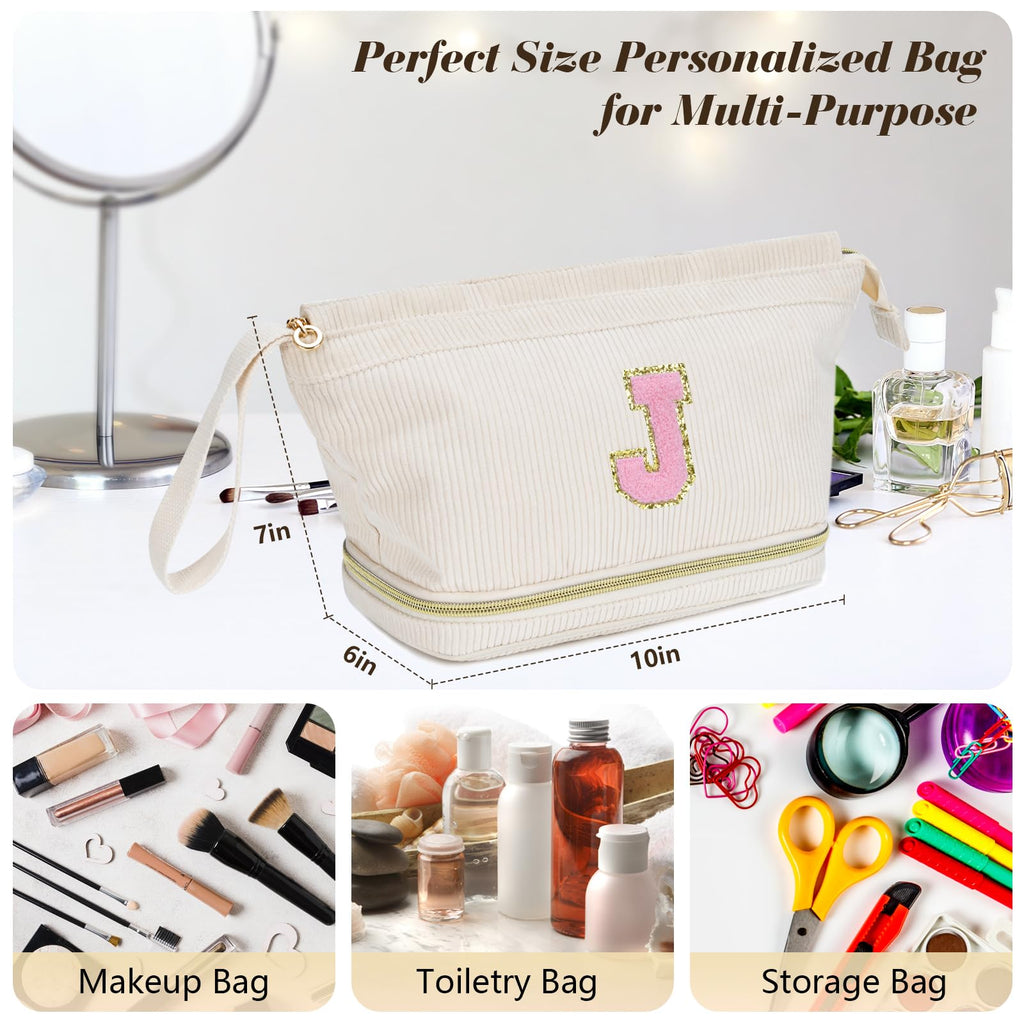 Makeup Bag for Girls Gift, Personalized Valentines Day Gifts Initial Women Makeup Bag for Travel, Double Layer Cosmetic Bag with Brush Organizer Preppy Make up Bag for Teen Girl Trendy - L