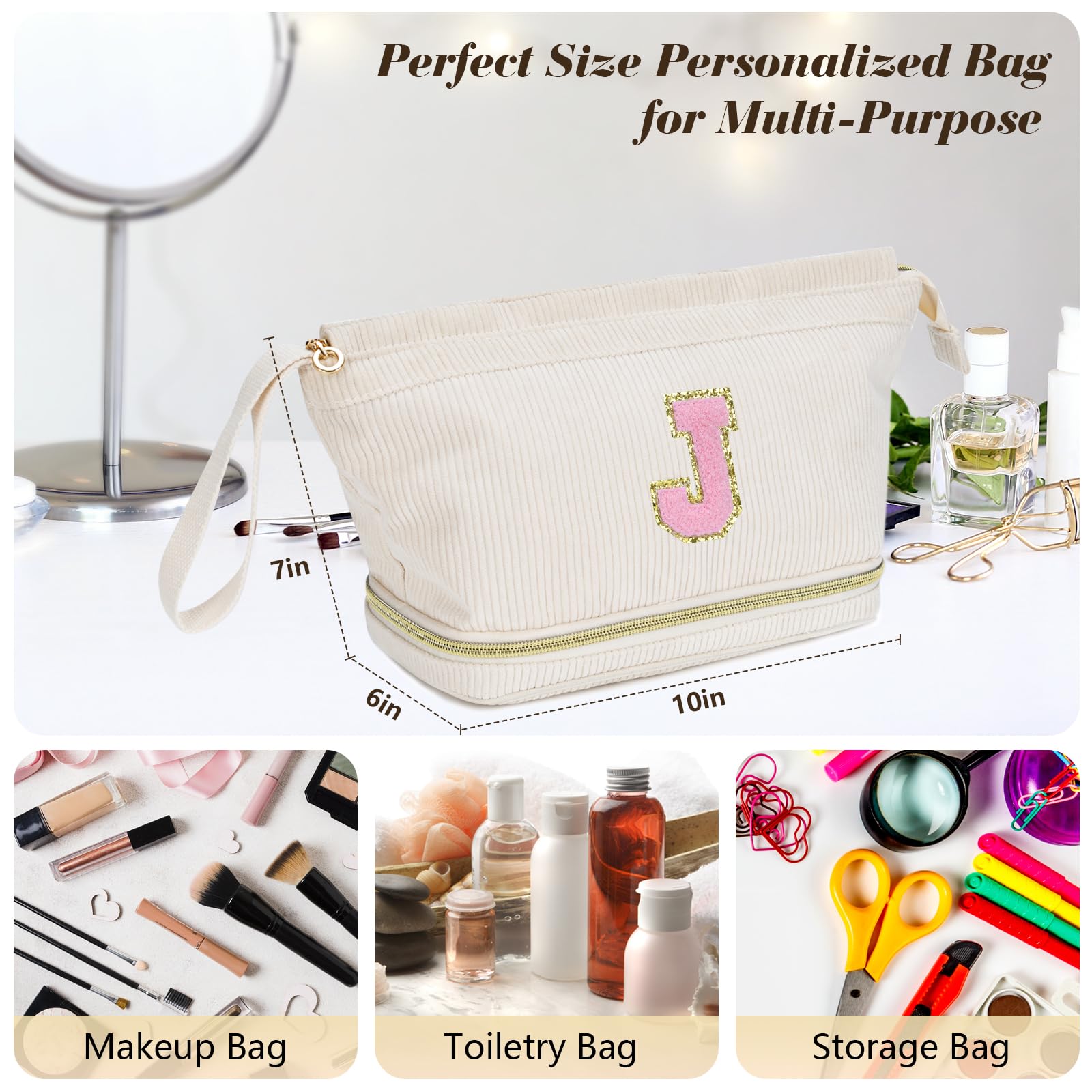 Makeup Bag for Girls Gift, Personalized Valentines Day Gifts Initial Women Makeup Bag for Travel, Double Layer Cosmetic Bag with Brush Organizer Preppy Make up Bag for Teen Girl Trendy - L