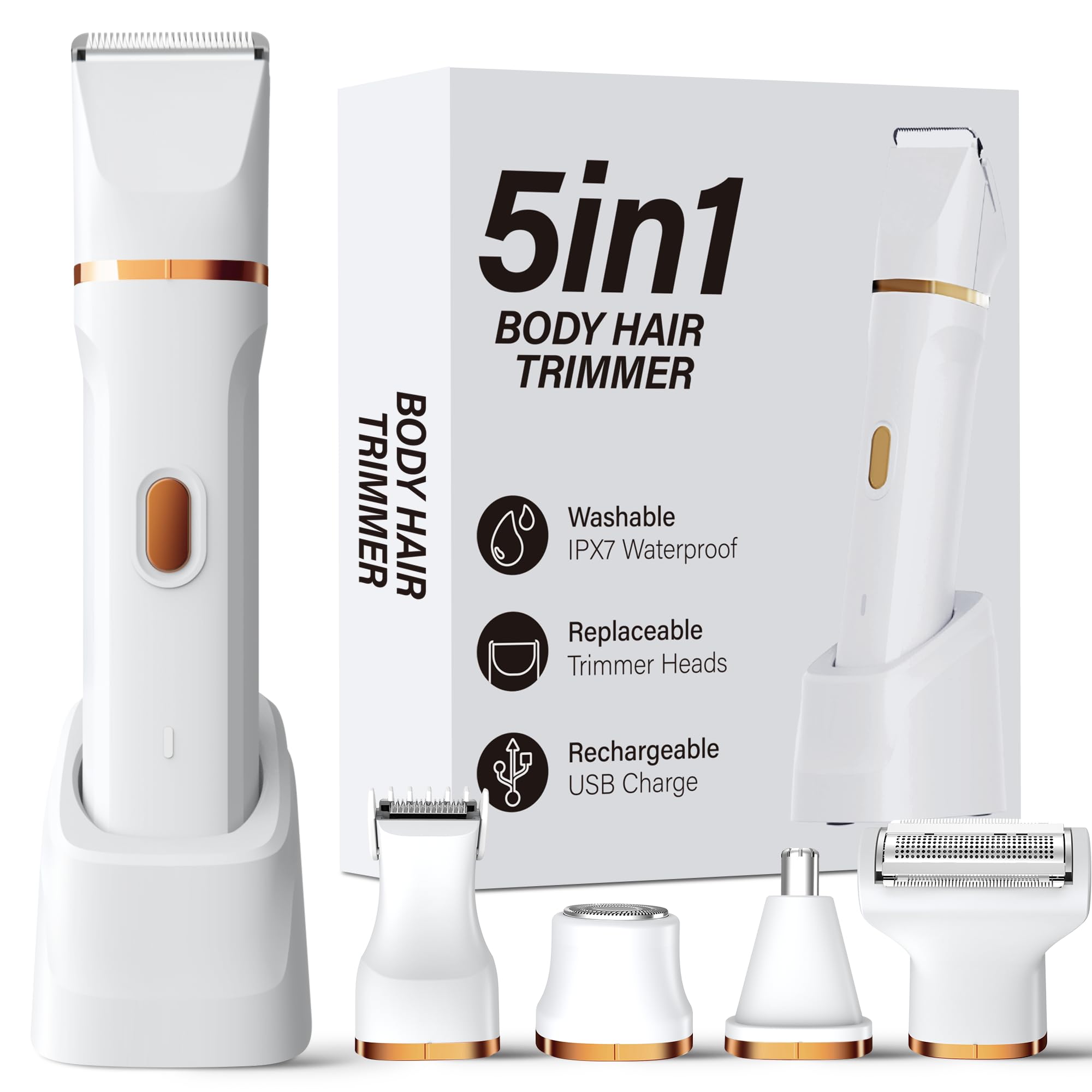 KINGTEE 5-in-1 Electric Bikini Trimmer for Women – IPX7 Waterproof Shaver, Cordless Body & Facial Razors for Women, Ceramic Blades, USB-C Rechargeable, Painless Hair Removal Kit (White)