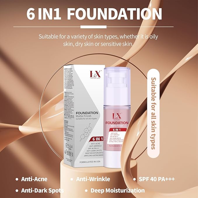 LXSKN 6-in-1 Makeup Infused with 1% Hyaluronic Acid- Matte + Poreless Liquid Foundation For A Glowing & Soft-Focus Look, Suitable for All Skin Types (201 Medium, 6-in-1 Makeup Foundation)