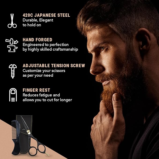 Ontaki Beard & Mustache Scissors & Combs for Men - 5.5" Black, Right Hand