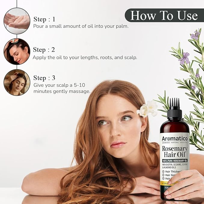 Aromatico Rosemary Hair Oil with Sesame, Jojoba and Almond Oils, Non-Sticky Hair Care Oil with Applicator Cap, 7 Fl Oz
