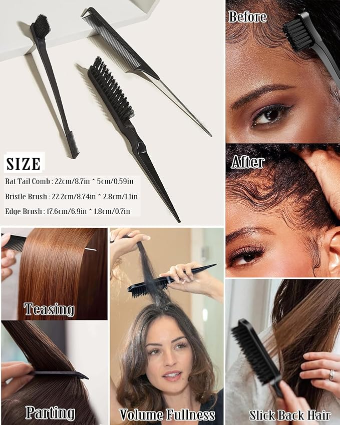 Hair Wax Stick and Slick Back Hair Brush Set to Tame Frizz, Flyaways, Sleek Ponytails, Buns & Braids - 12H Hold, Non-Greasy Hair Styling Kit, Styling Accessories for Teen Girls, Women, Kids, Men