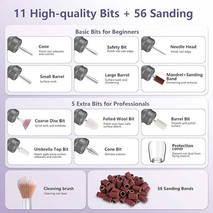TUOBEO Cordless Nail Drill Electric Rechargeable File Kit, Professional Efile Acrylic Gel Nail Polish Remover Pedicure Manicure Machine Portable Set with 11 Bits 56 Sanding Bands for Salon Home Gray
