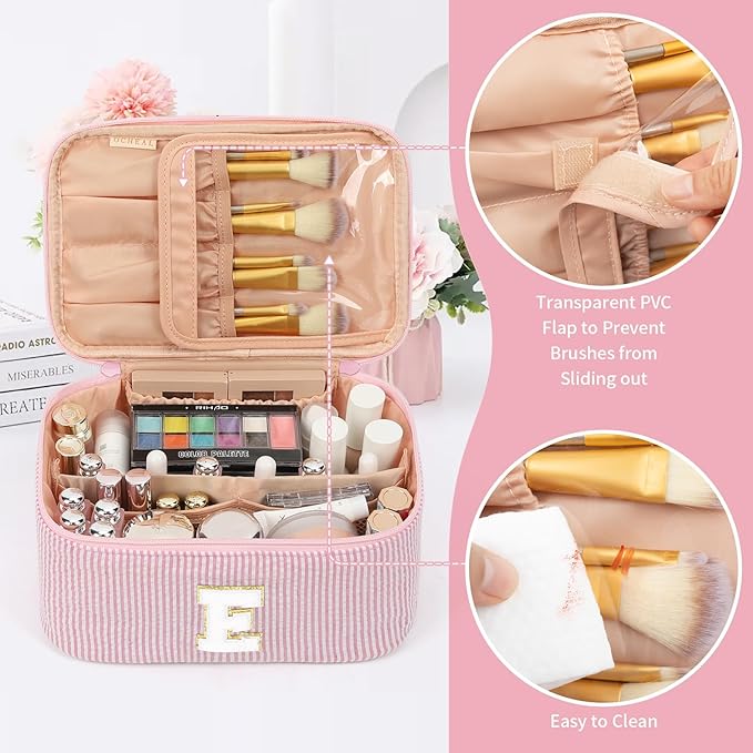 OCHEAL Makeup Bag for Women, Monogram Cosmetic Bag Pink Travel Makeup Case Beauty Toiletry Bag Organizer Personalized Gifts for Girls Bridesmaid, Sister, Wife, Friends Initial E