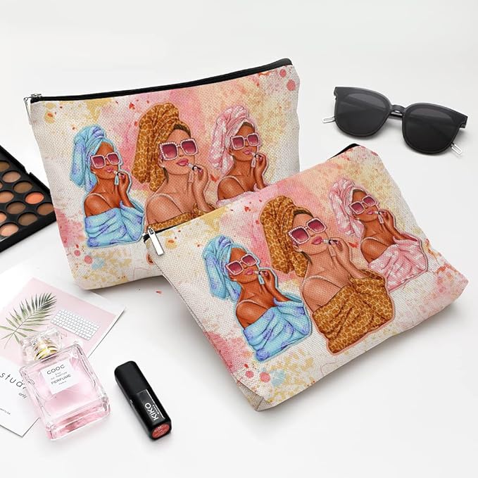 Givotin Cute Makeup Bag for Purse Canvas Waterproof Funny Cosmetic Bags for Women Zipper Travel Toiletry Pouch-Fashion Clipart African American Makeup Bags