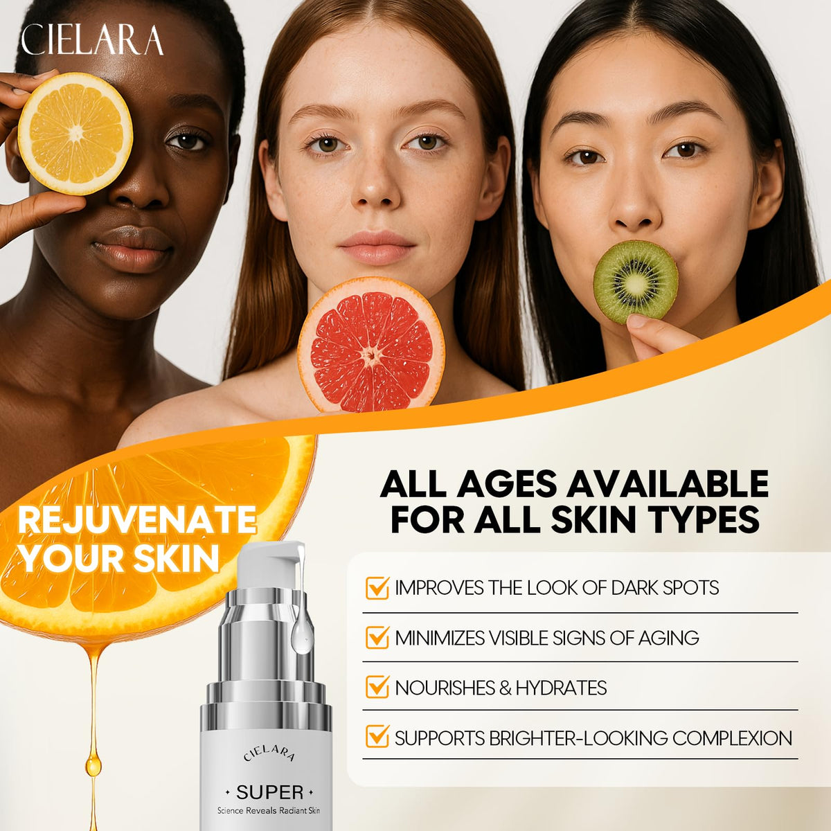 CIELARA Super Vitamin 20% C Serum for Women, With Hyaluronic Acid 0.97 oz