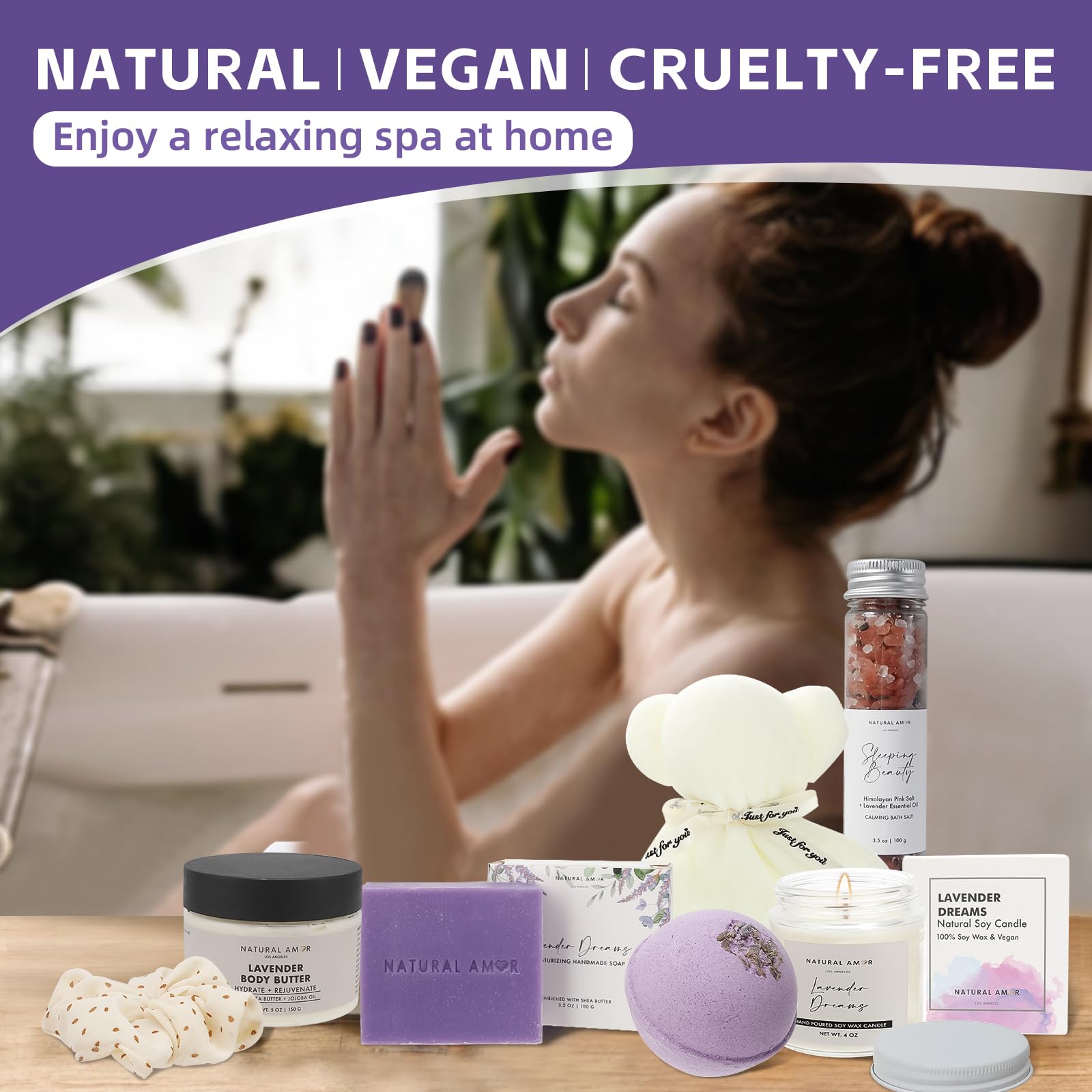 Natural Amor Lavender Spa Gifts for Women,7pcs Self Care Box Including Handmade Soap Bar, Candle, Bath Butter