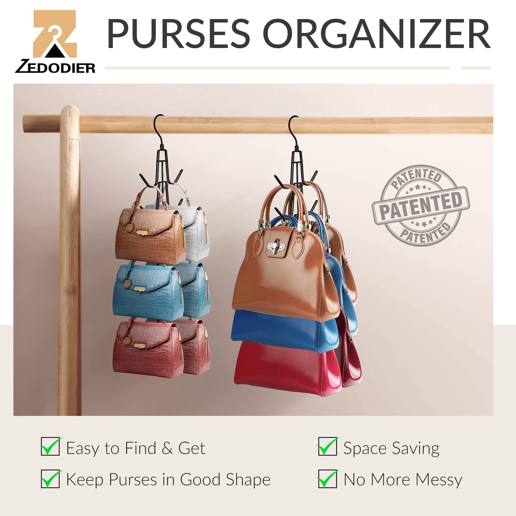 ZEDODIER 2 Pack Purse Organizer for Closet, Heavy-Duty Hanging Purse Hanger Closet Holds Up to 12 Purses, Metal Rotating Space Saving Bag Holder Handbag Storage Hook Backpack Rack, Black