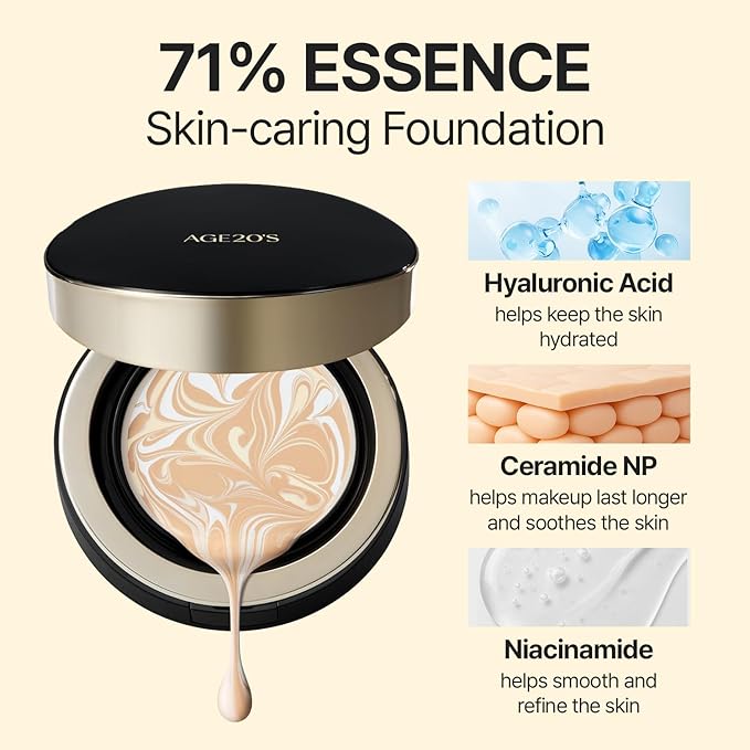 [Vegan] AGE20'S Signature Essence Pact | Pack of 1 | 25N SAND | Korean Cushion Foundation | Cream Foundation, Dewy & Glow Finish, Natural Coverage, SPF 50+