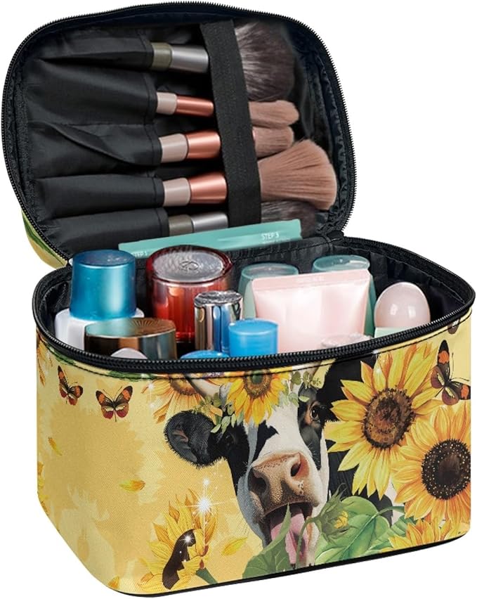 Drydeepin Cute Sunflower Cow Print Travel Makeup Bag for Women Yellow Large Capacity Cosmetic Bag with Zipper and Handle Portable Brushes Case Toiletry Bag Make Up Organizers and Storage Bags