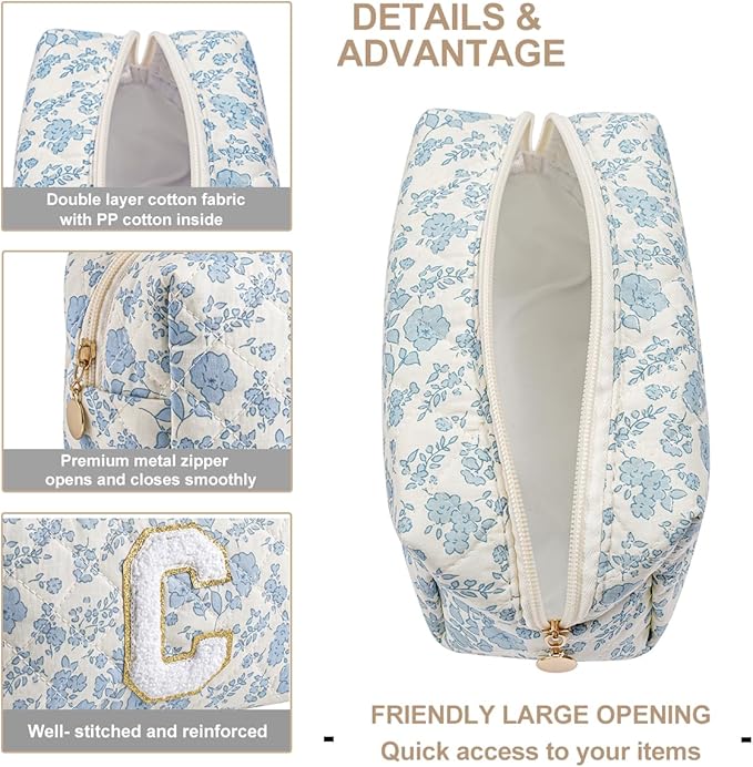 Gleyemor Personalized Initial Makeup Bag for Women, Cute Quilted Blue Floral Cotton Cosmetic Bag, Christmas Gifts for Her Mom Friend Sister Bridesmaid Teacher Women C