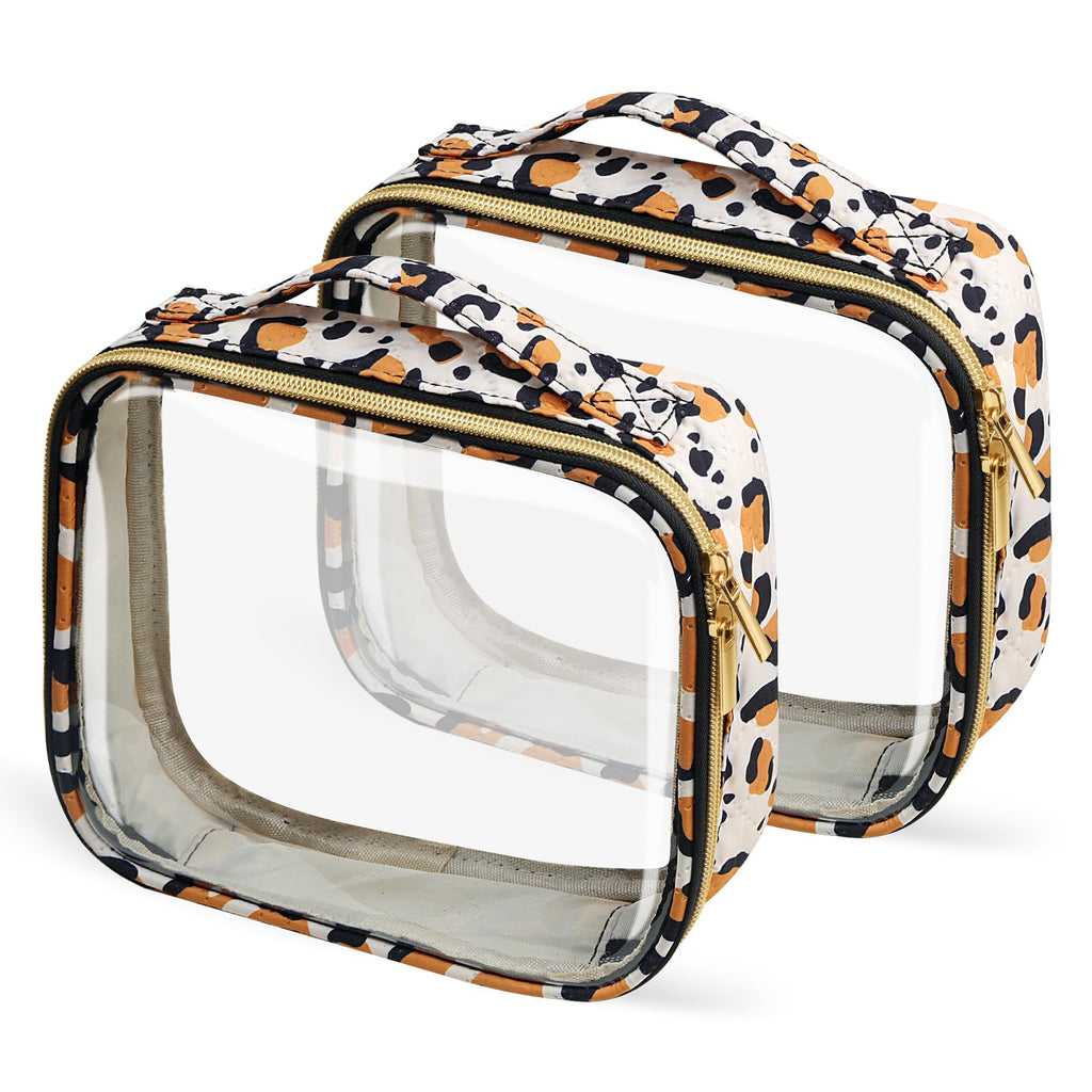 FAYORORY TSA Approved Travel Toiletry Bag,2 Pack Clear Makeup Bags with Handles,Quart Size Clear Cosmetic Bags for Traveling Women,Men,Carry on Airport Airline Compliant Bag,Leopard
