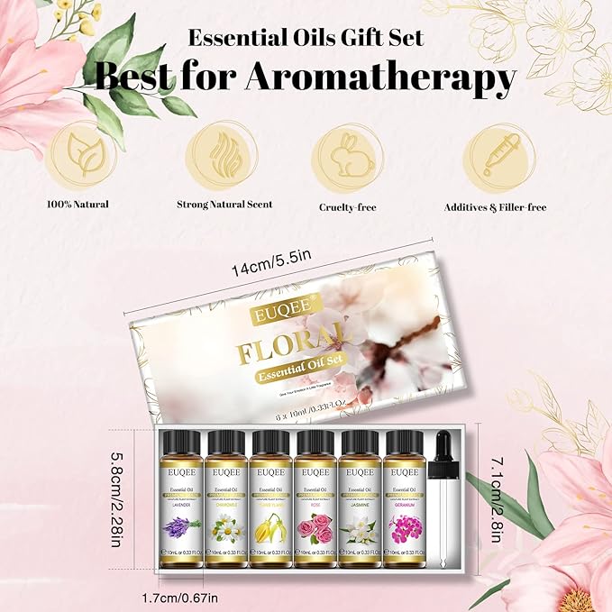 EUQEE 6 Pcs Pure Essential Oils Set, Floral Scent Kit for Diffuser