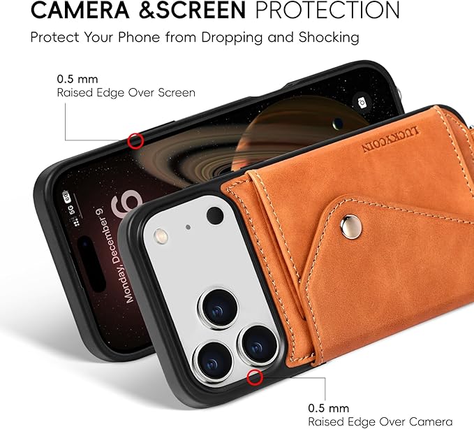 LUCKYCOIN Crossbody Phone Case for iPhone 17 Pro Max, 100% Genuine Leather Phone Wallet Case for Women, Premium Hands-Free Phone Purse with Expandable Flip Card Holder & Adjustable Strap - Retro Brown