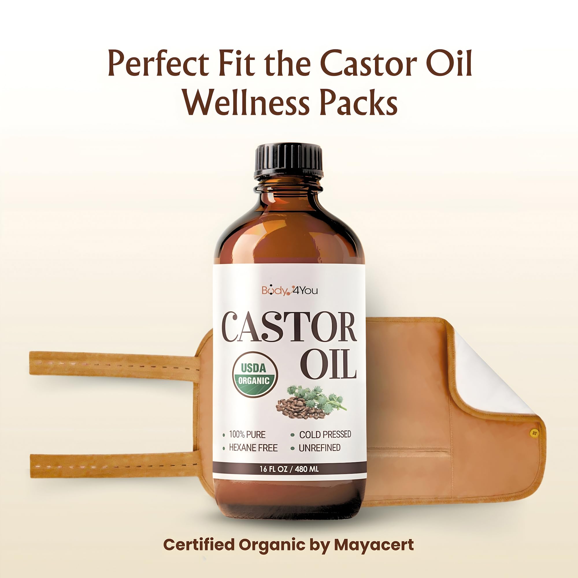 BodyJ4You Castor Oil for Eyelashes Eyebrows - 100% Pure Natural USDA Organic Cold Pressed - Hydrating Skin Hair Growth Oil Lashes Scalp - Non-GMO Hexane Free Unrefined Carrier - Glass Bottle 16 Fl Oz