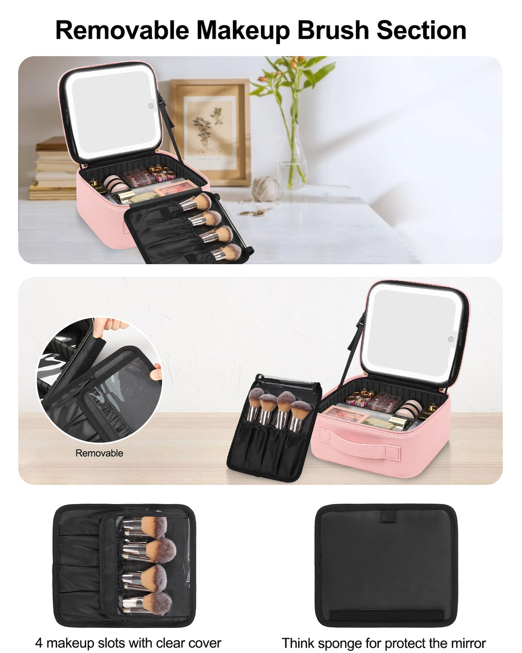 Chomeiu Makeup Bag with LED Mirror, Cute Cosmetic Bags for Women and Girls, Travel Train Case Artists Organizer Large Make Up Bags with 3 Color Light Up Mirror & Removable Brush Compartment, Pink