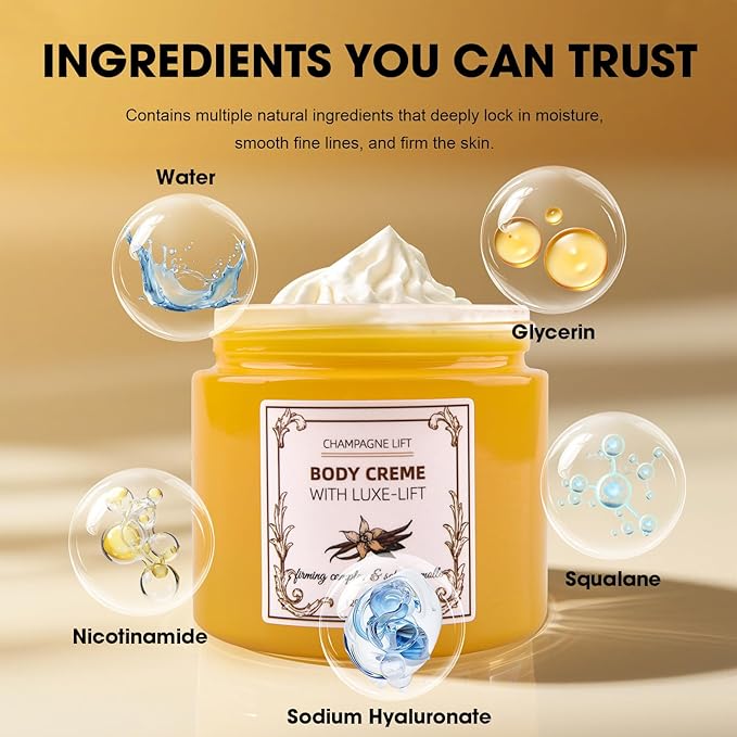 Xaninp Champagne Firming Body Cream – Lifting Cream with Pink Pepper & Firming Complex for Deep Hydration & Smoothing Moisturizer, Helps Improve Skin Elasticity for Arms, Legs & Body, Vanilla Scent
