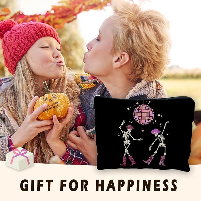 RYYCDOI Funny Disco Dancing Skeleton Makeup Bag, Goth Gothic Skull Cosmetic for Women, Halloween Gifts, Dark Academia Makeup Pouch, Horror Bag