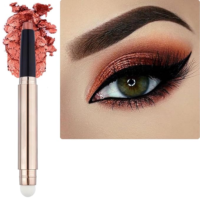 Qeetvia Orange Brown Eyeshadow Stick Makeup, Long-Lasting Waterproof Eye Shadow Pencil, Hypoallergenic Smudge-Proof Glitter Primer Palette Shimmer Eyeliner, Easy to Blend Eye Make Up