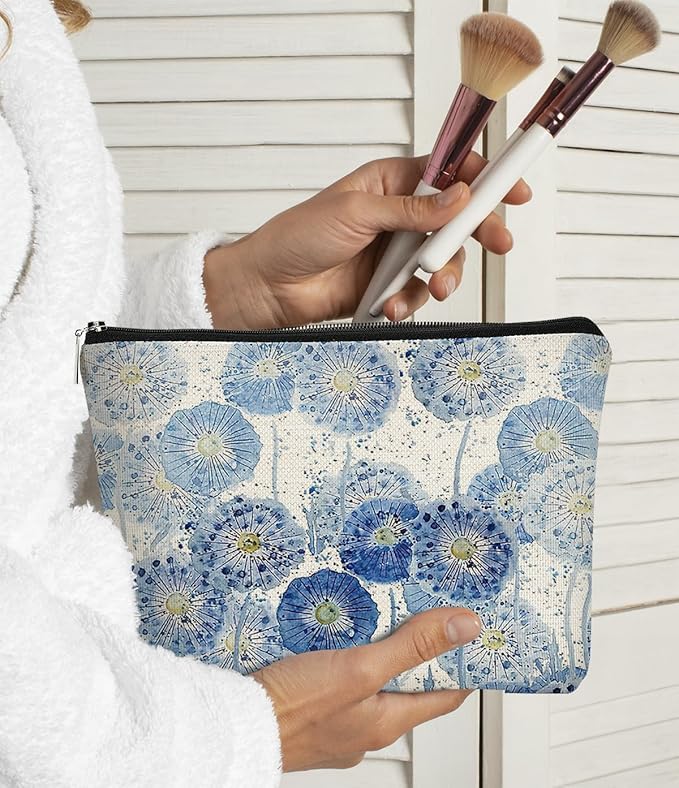 BARPERY Cottagecore Floral Makeup Organizer - Indigo Watercolor Dandelion, Aesthetic Flower Makeup Bag for Women & Girls
