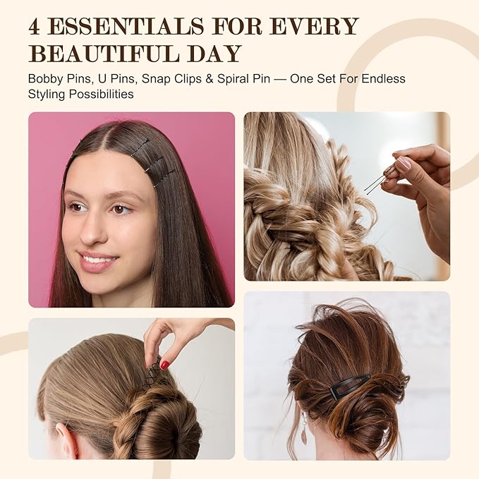 FLAREANN Black Bobby Pins Set with U Shape Pins, Spiral Pin & Snap Clips
