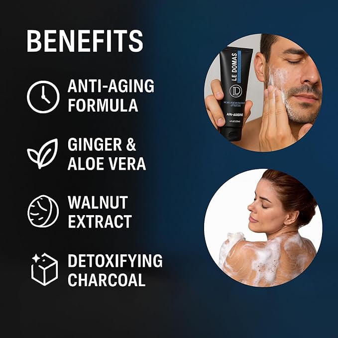 LE DOMAS Body Wash & Face Wash Set for Men & Women – Natural Skincare with Aloe Vera, Rice & Coconut Charcoal, Hydrating Moisturizer & Oil Cleanser, Travel Size Skin Care Products for All Skin Types