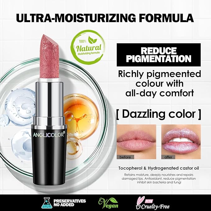 Anglicolor Glitter Metallic Pink Lipstick,High Impact Lipcolor,Lightweight Hydrating Formula Smooth and Non-Sticky,Peach Lipstick For Women,Full-Coverage Lip Makeup (02 PINK GEMSTONE, 4g)