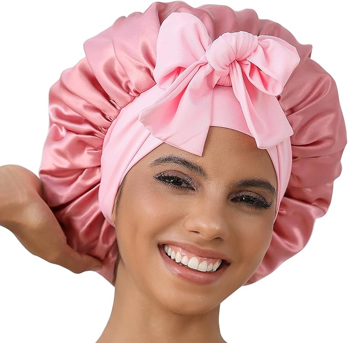 GDTOGRT Satin Silk Bonnet for Sleeping Women,Double Layer Sleep Hair Bonnets Caps for Curly Natural Hair with Tie Band - Pink