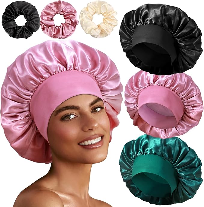 3+3 Large Satin Bonnets with Scrunchies for Women, Wide Band Hair Bonnet for Sleeping Braids Curly Hair, B