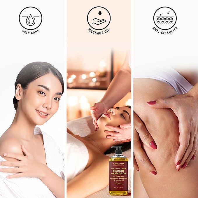 Majestic Pure Firming Body Massage Oil- Helps Smooth the Appearance of Cellulite & Improve Skin Texture- Natural Oils with Collagen- Refreshing Aromatherapy Body Oil for Legs & Full Body - 8 fl oz