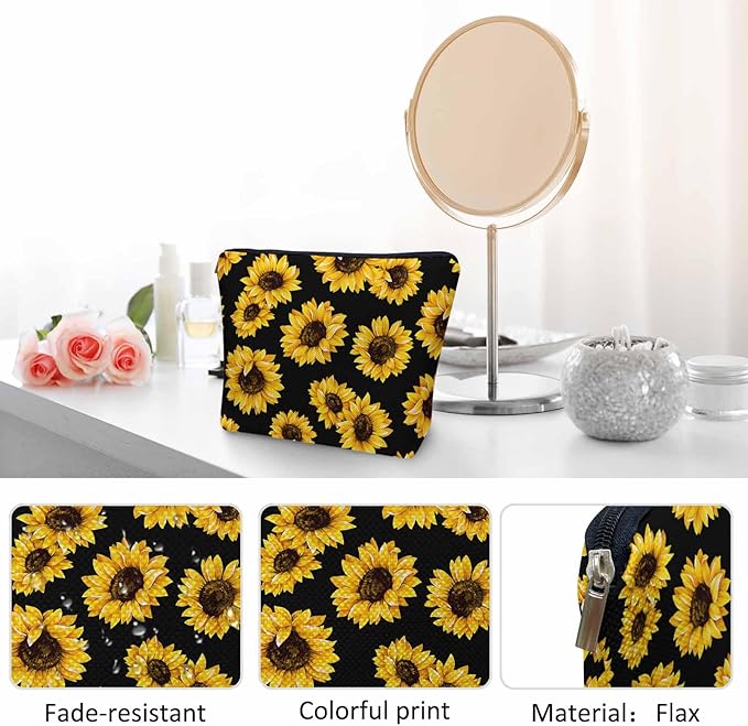 Kalygon Sunflower Cosmetic Bags For Women, Blossom Sunflowers Yellow Roomy Makeup Bag Toiletry Bag Accessories Organizer Storage Bags Makeup Pouch For Travel Business Gym Camping Bathroom