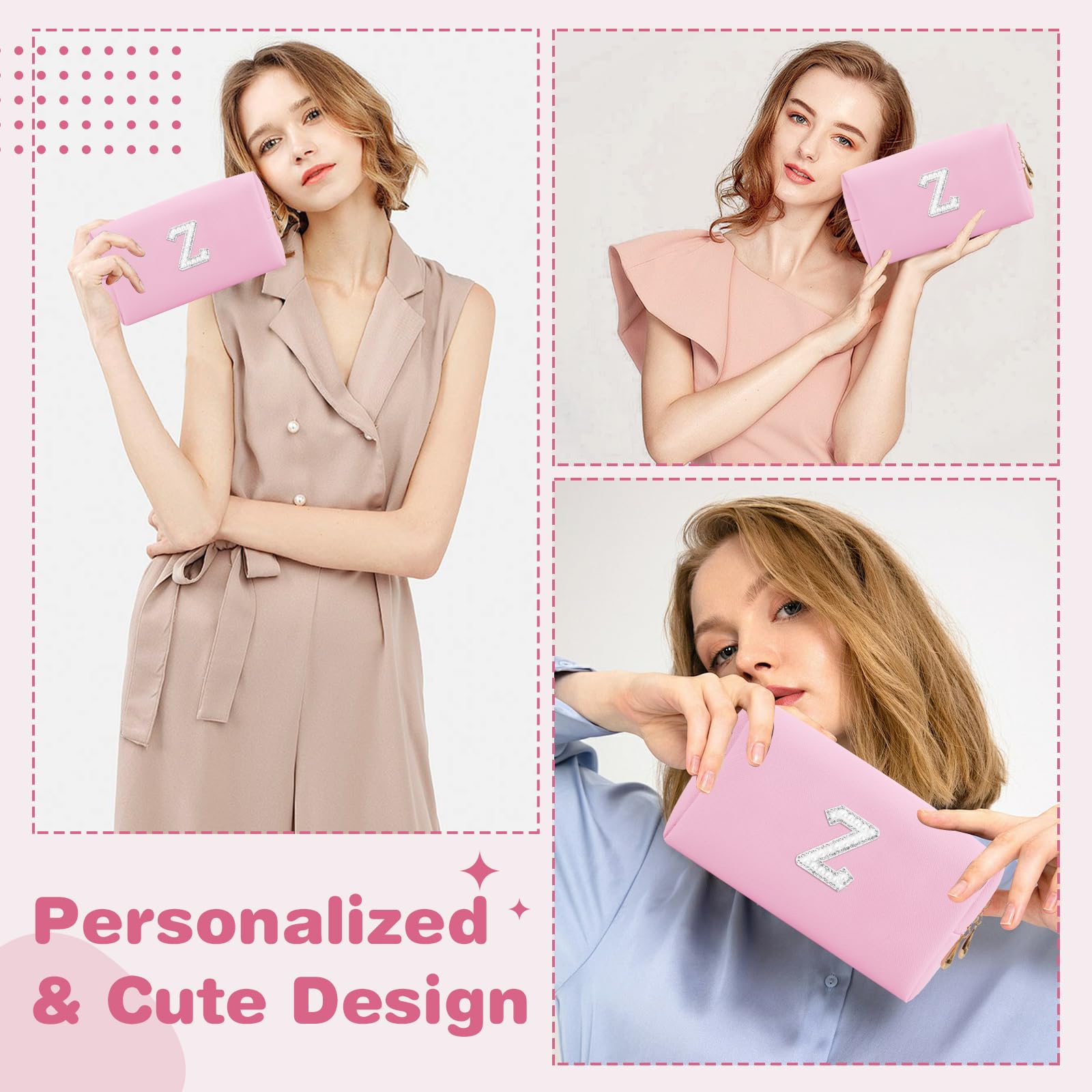 ChaoGreat Bride Gifts – Personalized Initial Makeup Bag with Pearl Rhinestone Patch, Preppy Pink Monogram Cosmetic/Toiletry Pouch, bridesmaid Gifts, Bridal Shower Gifts, Wedding Gifts, Bridal Gifts,Z