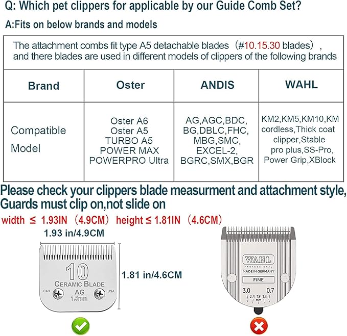 Dog Stainless Steel 5 Color Comb Compatible with andis oster A5 wahl km10