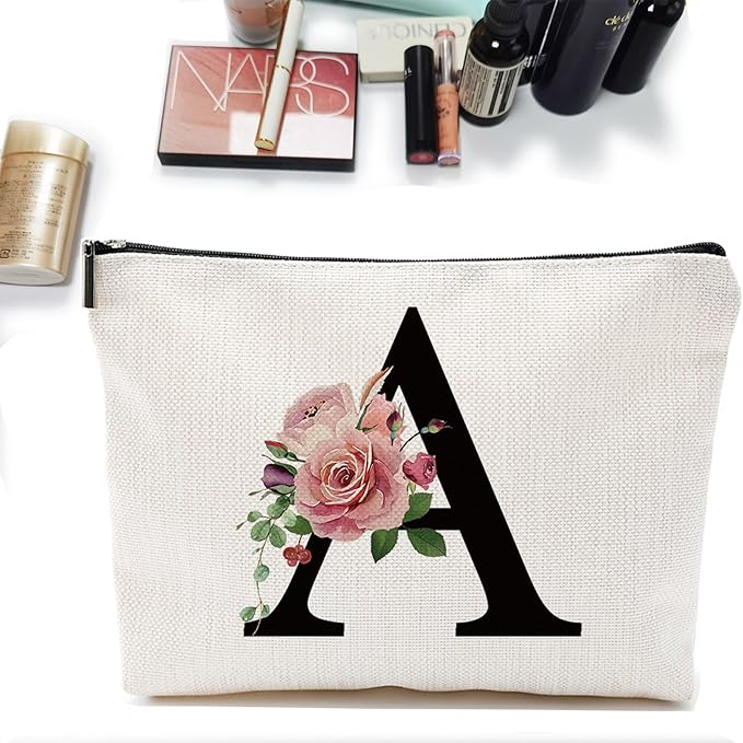 Comanro Initial A-Z Personalized Letter Makeup Bag, Monogrammed Bridesmaid Gifts/Presents Cosmetic Bag, Portable Stationery Storage Organizer Pouch, Friendship Love Travel Makeup Bags