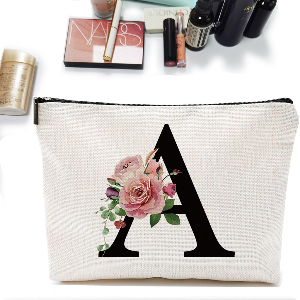 Comanro Initial A-Z Personalized Letter Makeup Bag, Monogrammed Bridesmaid Gifts/Presents Cosmetic Bag, Portable Stationery Storage Organizer Pouch, Friendship Love Travel Makeup Bags