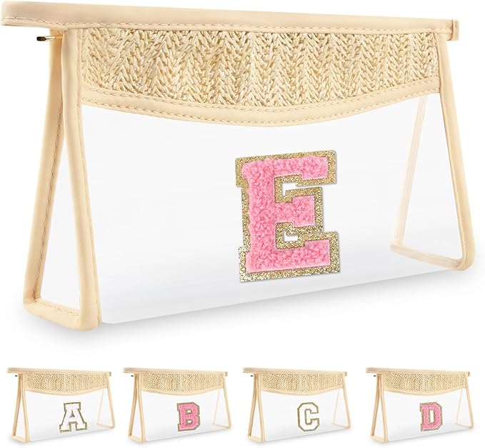Small Boho Straw Initial Letter Makeup Bag Personalized Gift,Cute Clear Chenille Patch Makeup Bag With Zipper,Trendy TSA Approved Travel Toiletry Bag,Gift for Women Girls Birthday Friend, Letter E