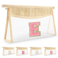 Small Boho Straw Initial Letter Makeup Bag Personalized Gift,Cute Clear Chenille Patch Makeup Bag With Zipper,Trendy TSA Approved Travel Toiletry Bag,Gift for Women Girls Birthday Friend, Letter E