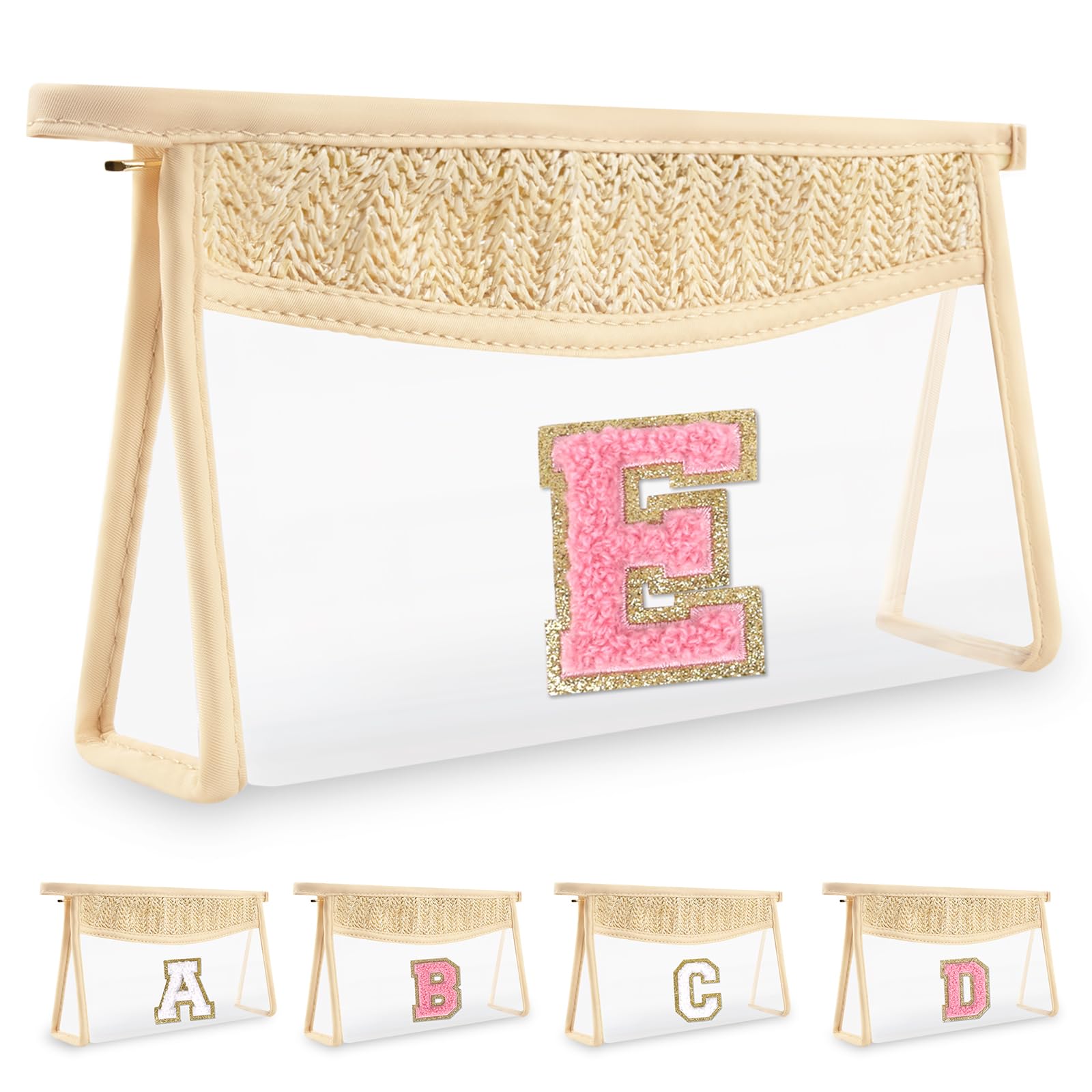 Small Boho Straw Initial Letter Makeup Bag Personalized Gift,Cute Clear Chenille Patch Makeup Bag With Zipper,Trendy TSA Approved Travel Toiletry Bag,Gift for Women Girls Birthday Friend, Letter E