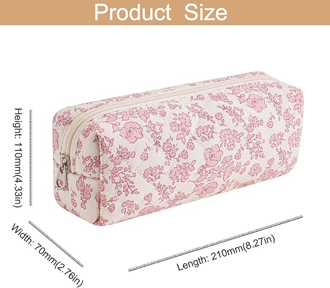 HHQQWZ Cute Floral Cotton Makeup Brush Cosmetic Bag for Women, Travel Quilted Zipper Make Up Bag, Flowers Toiletry Organizer Case Kawaii Makeup Cosmetic Travel Cloth Pouch (Big Pink Floral)
