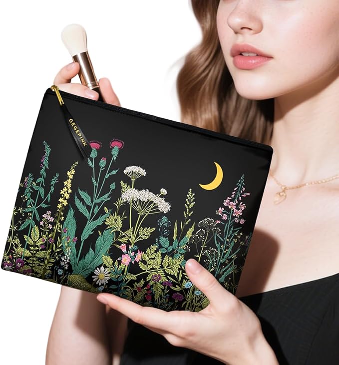 GEGEPINK Cute Makeup Bag for Purse Waterproof Cosmetic Bags for Women Funny Smooth Zipper Travel Toiletry Pouch 10X8 Inches-Wildflowers Makeup pouch