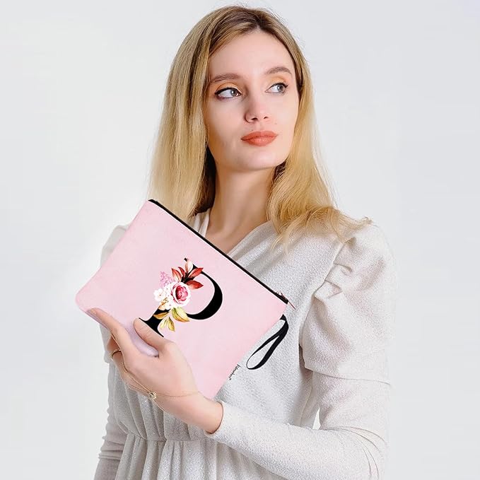 Vavabox A-Z Personalized Makeup Bag, Birthday Gifts for Women Mom, Gifts for Best Friend, Bride Bridesmaid Cosmetic bag (P, 06-Pink)