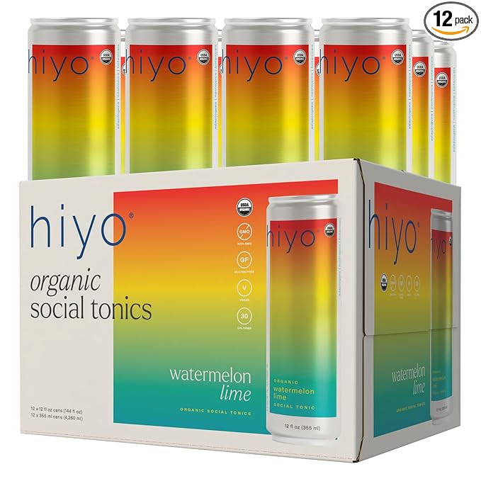 Hiyo Organic Social Tonic – Watermelon Lime, 12 Pack - Non-Alcoholic Functional Seltzer, Flavored Sparkling Water Crafted with Organic Adaptogens, Nootropics & Botanicals