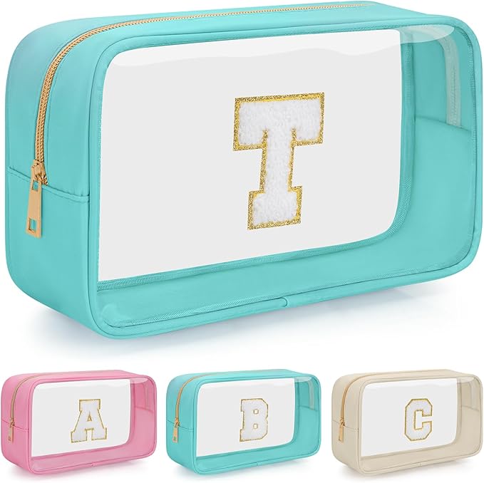 Personalized Initial Clear Makeup Bag, Travel Chenille Patch Cosmetic Bag, Preppy Toiletry Bag Monogram Cosmetic Pouch with Zipper, Ideal Gift for Teen Girls Women (Clear-Green, T)